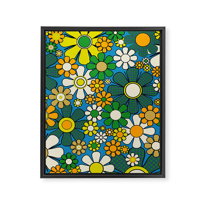 Retro Garden Groovy Maximalist Gingham Flowers 60s 70s Floral Pattern Green Blue Orange Yellow Framed Canvas Print Gallery Image 1