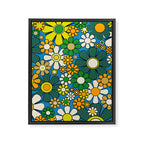 Retro Garden Groovy Maximalist Gingham Flowers 60s 70s Floral Pattern Green Blue Orange Yellow Framed Canvas Print Gallery Image 8