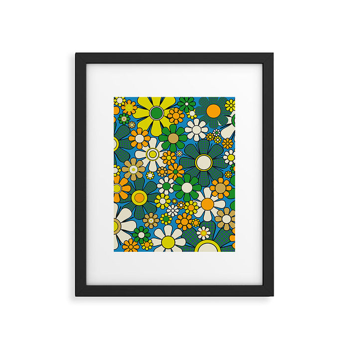 Retro Garden Groovy Maximalist Gingham Flowers 60s 70s Floral Pattern Green Blue Orange Yellow Framed Art Print Gallery Image 1