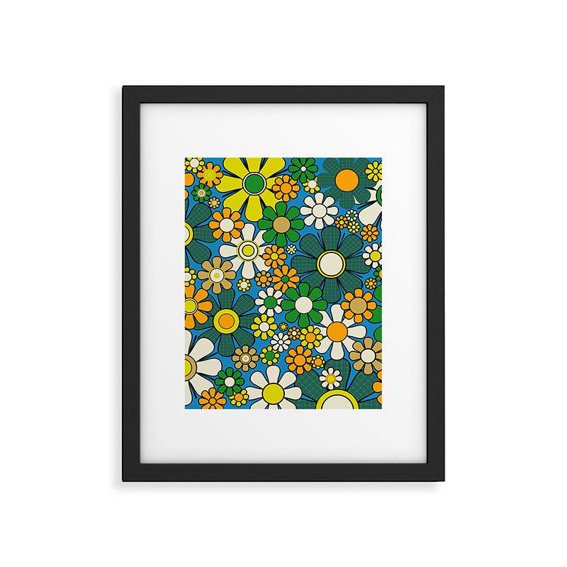 Retro Garden Groovy Maximalist Gingham Flowers 60s 70s Floral Pattern Green Blue Orange Yellow Framed Art Print Gallery Image 6