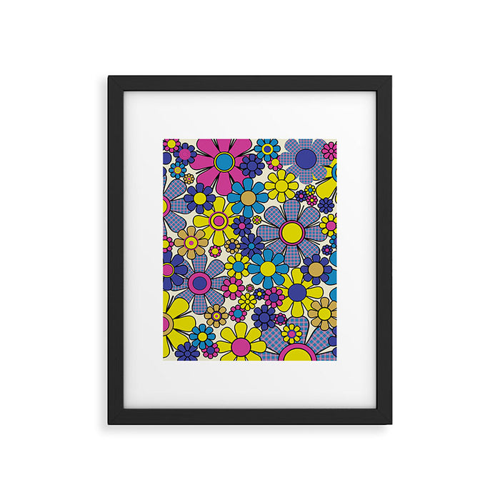 Retro Garden Groovy Maximalist Gingham Flowers 60s 70s Floral Pattern Framed Art Print Gallery Image 1
