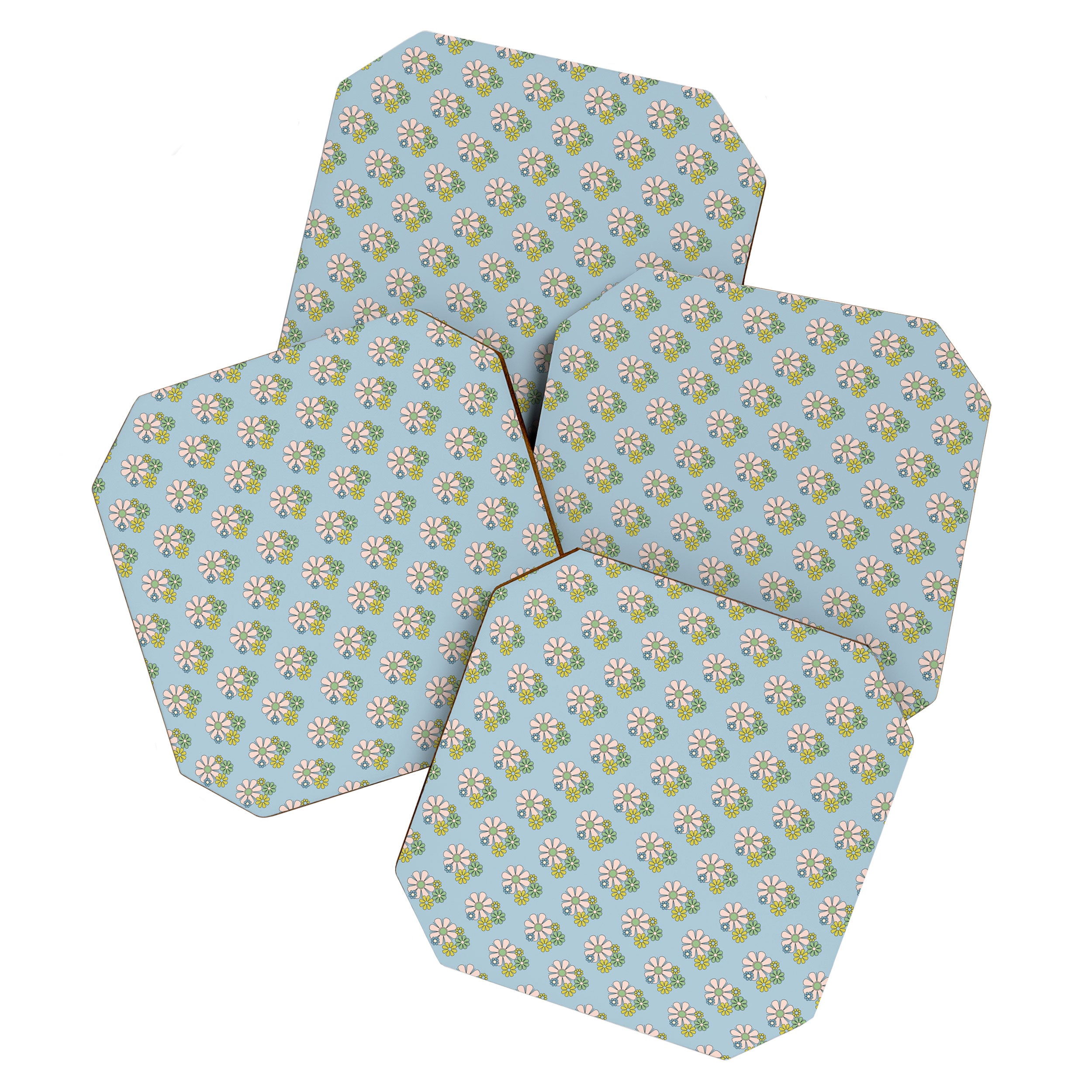 Retro Garden Party 60s 70s Geometric Floral Pattern in Pastel Blue Pink Green Coaster Gallery Image 1