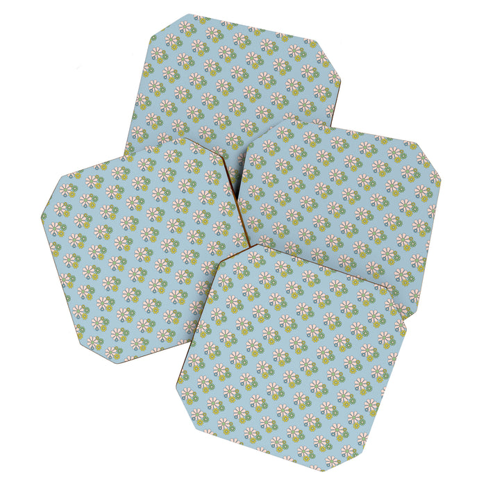 Retro Garden Party 60s 70s Geometric Floral Pattern in Pastel Blue Pink Green Coaster Gallery Image 1