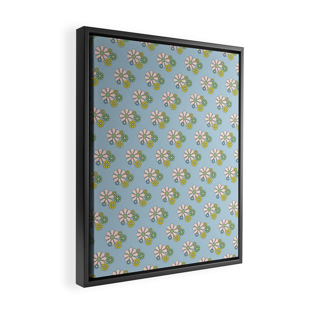 Retro Garden Party 60s 70s Geometric Floral Pattern in Pastel Blue Pink Green Framed Canvas Print Gallery Image 2