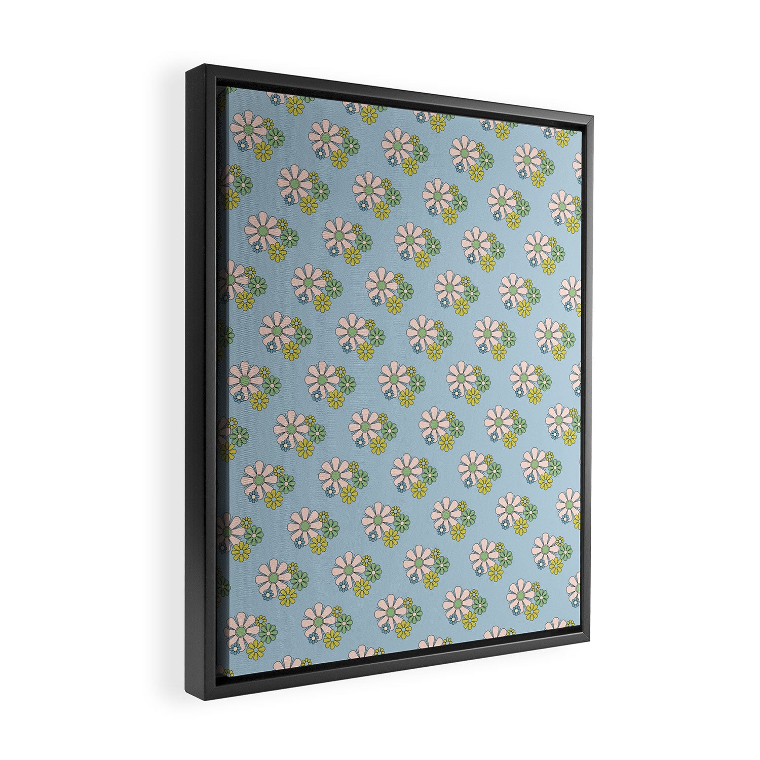 Retro Garden Party 60s 70s Geometric Floral Pattern in Pastel Blue Pink Green Framed Canvas Print Gallery Image 2