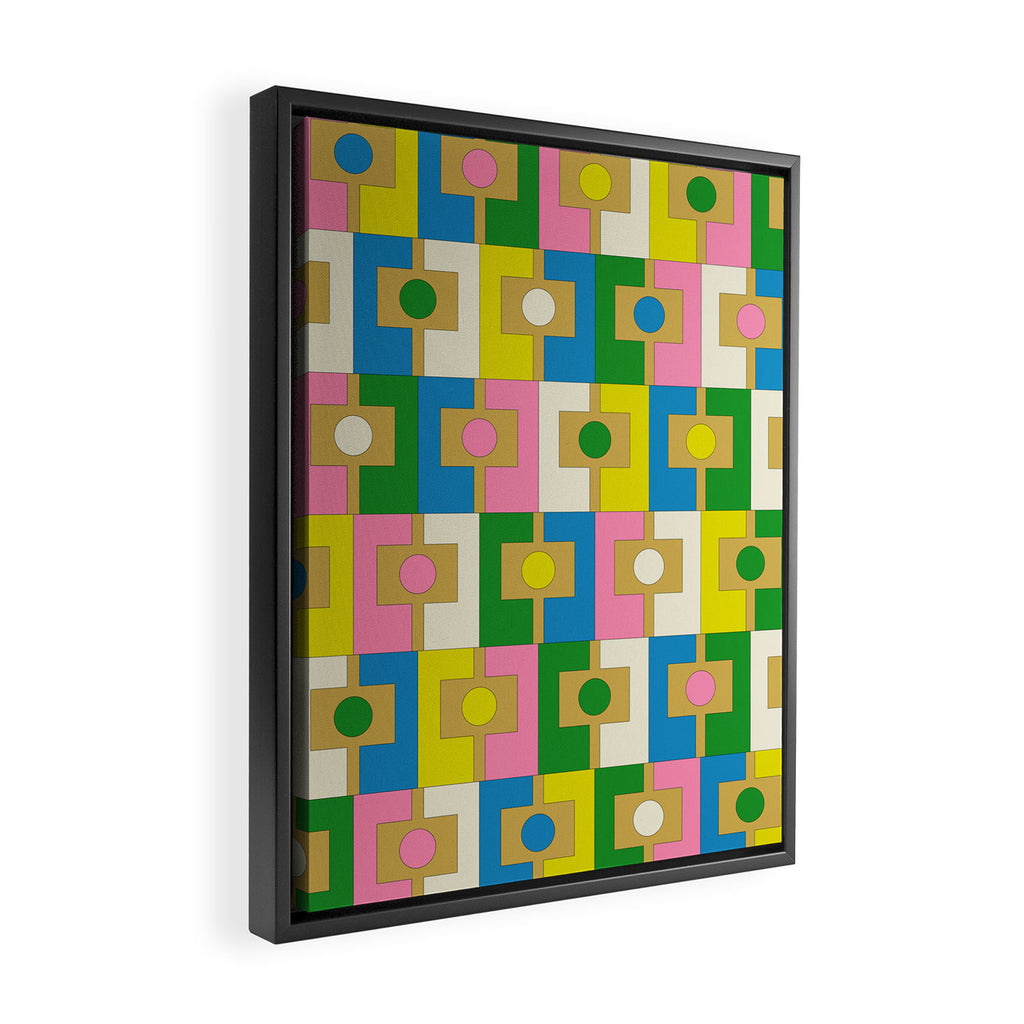 Retro Geometric Mid Century Modern Rektangel Pattern Yellow Blue Pink Green Framed Canvas Print Gallery Image 2