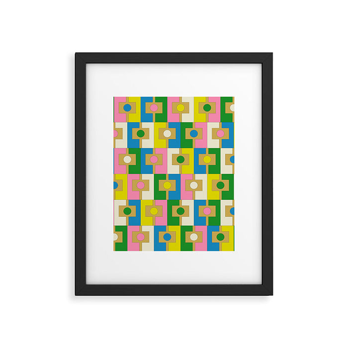 Retro Geometric Mid Century Modern Rektangel Pattern Yellow Blue Pink Green Framed Art Print Gallery Image 1
