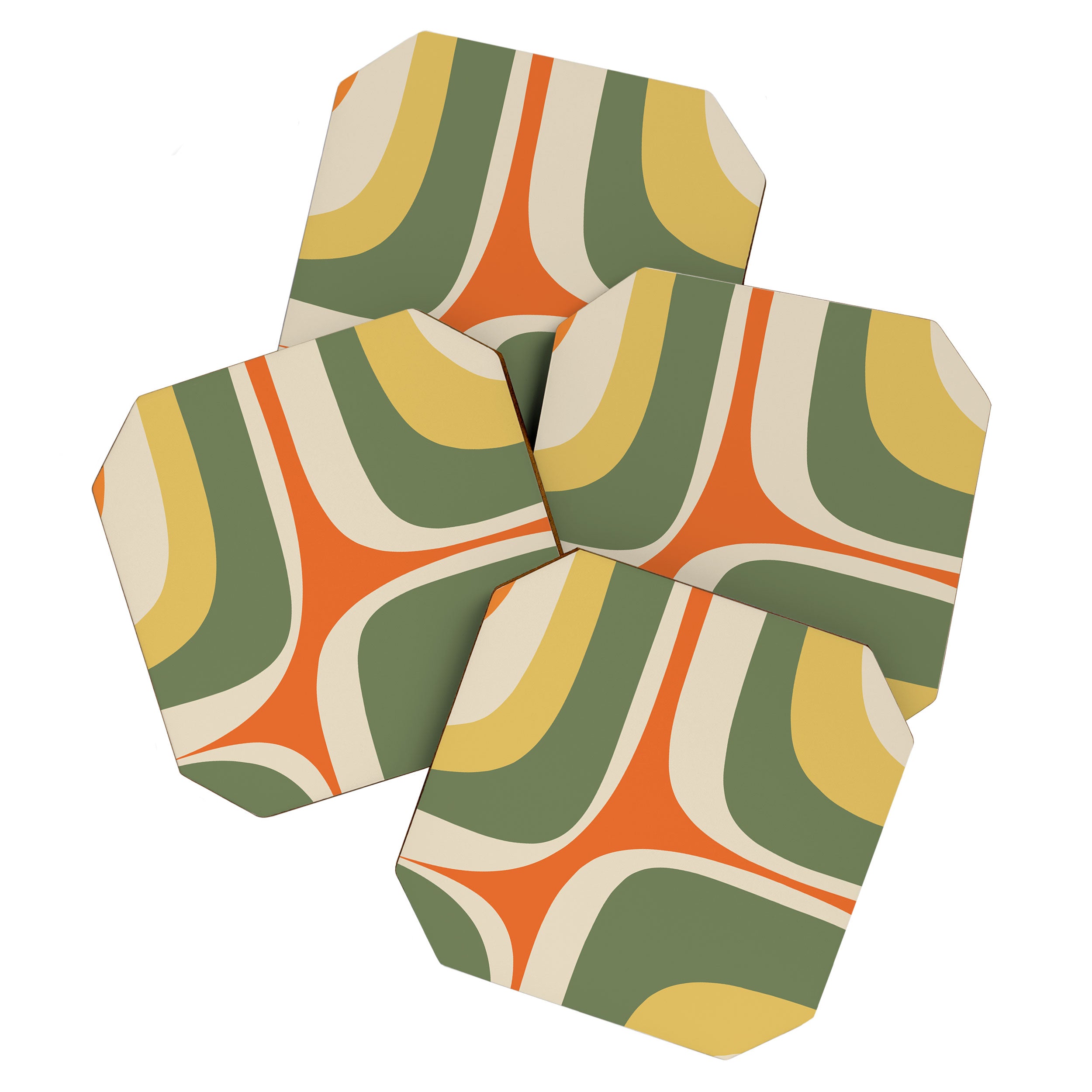 Retro Groove Mid Century Modern Abstract Pattern in Mossy Sage Olive Green Orange Mustard Coaster Gallery Image 1