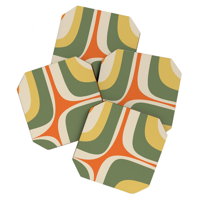 Retro Groove Mid Century Modern Abstract Pattern in Mossy Sage Olive Green Orange Mustard Coaster Gallery Image 1