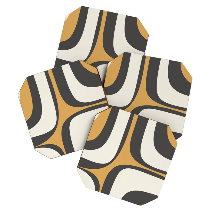 Retro Groove Pattern in Charcoal Grey, Muted Mustard Gold, and Cream  Coaster Gallery Image 1