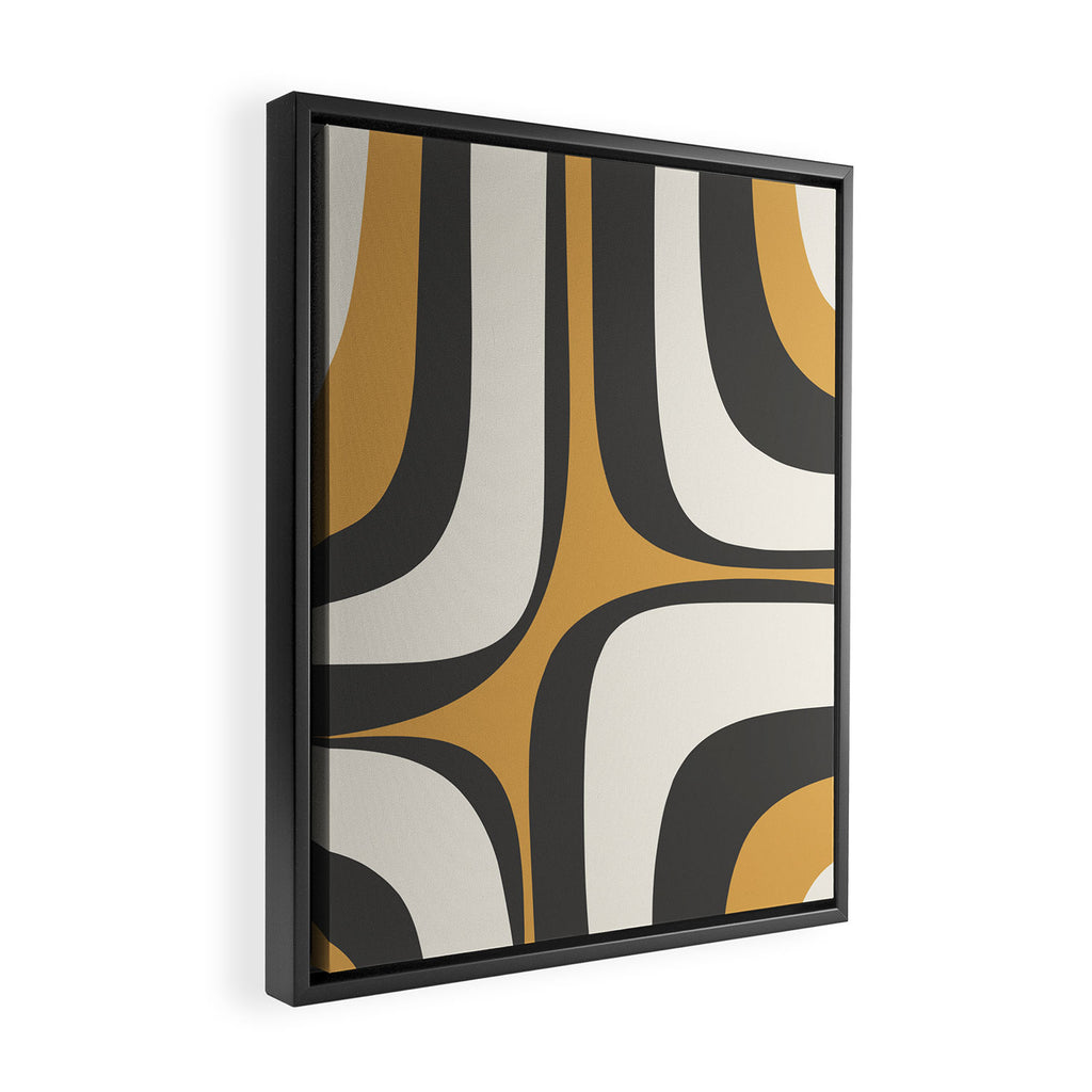 Retro Groove Pattern in Charcoal Grey, Muted Mustard Gold, and Cream  Framed Canvas Print Gallery Image 2