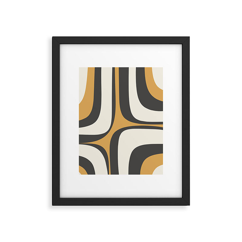 Retro Groove Pattern in Charcoal Grey, Muted Mustard Gold, and Cream  Framed Art Print Gallery Image 4