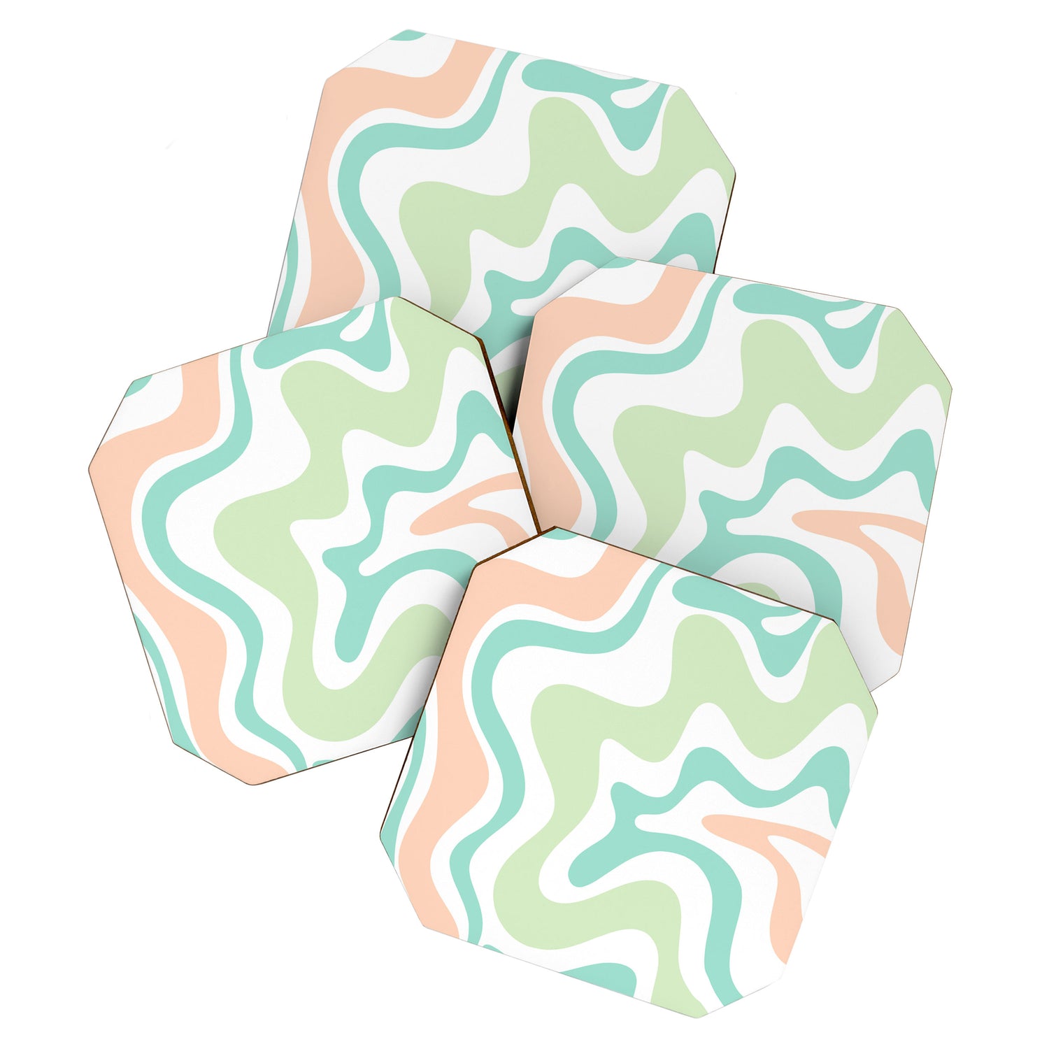 Retro Liquid Candy Swirl Abstract Pattern in Pastel Mint Teal and Salmon Blush on White Coaster Gallery Image 1