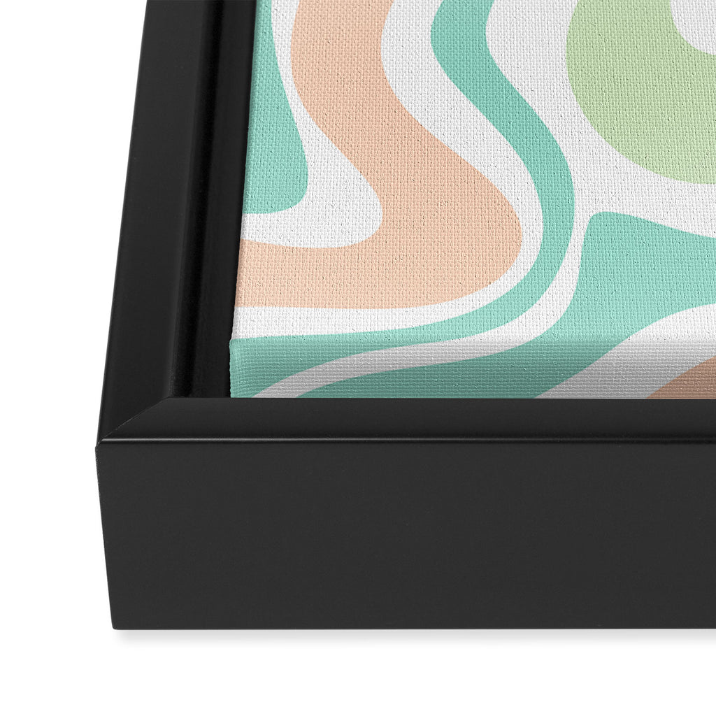 Retro Liquid Candy Swirl Abstract Pattern in Pastel Mint Teal and Salmon Blush on White Framed Canvas Print Gallery Image 3