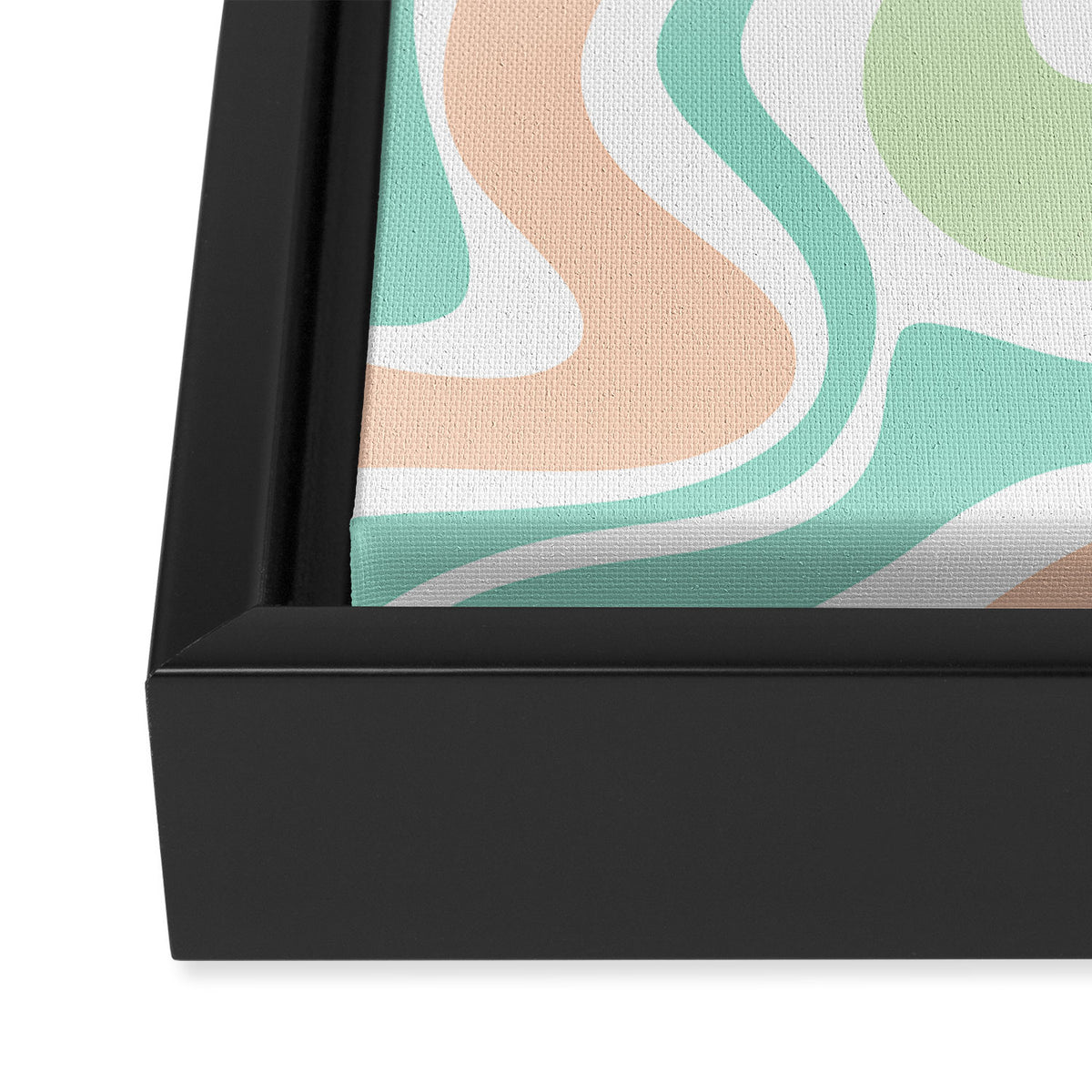 Retro Liquid Candy Swirl Abstract Pattern in Pastel Mint Teal and Salmon Blush on White Framed Canvas Print Gallery Image 3