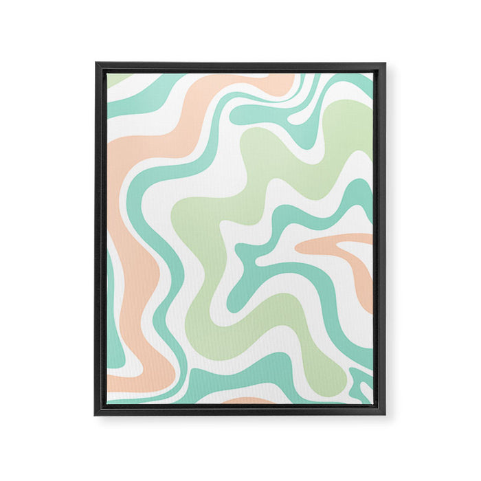 Retro Liquid Candy Swirl Abstract Pattern in Pastel Mint Teal and Salmon Blush on White Framed Canvas Print Gallery Image 1