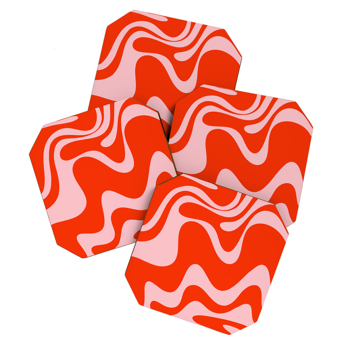 Retro Liquid Swirl Abstract 2 in Bold Red-Orange and Pink Coaster Gallery Image 1