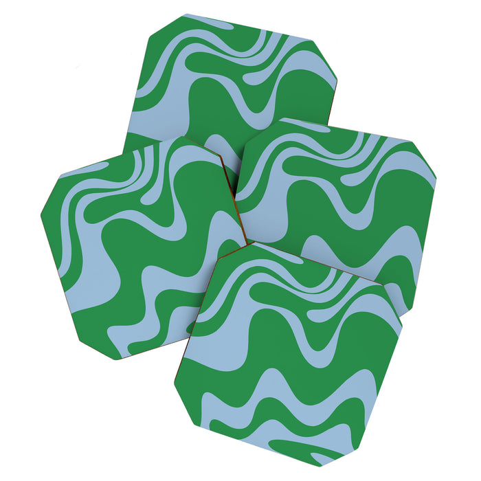 Retro Liquid Swirl Abstract 2 in Green and Light Blue Coaster Gallery Image 1