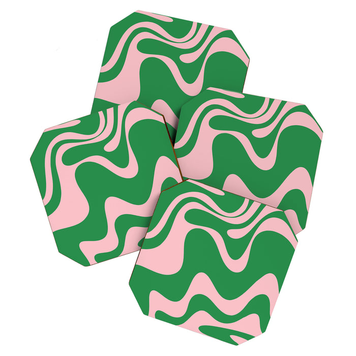 Retro Liquid Swirl Abstract 2 in Green and Pink Coaster Gallery Image 1