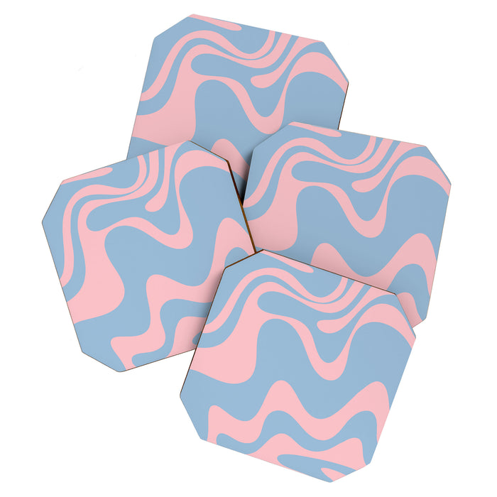 Retro Liquid Swirl Abstract 2 in Pastel Pink and Light Blue Coaster Gallery Image 1