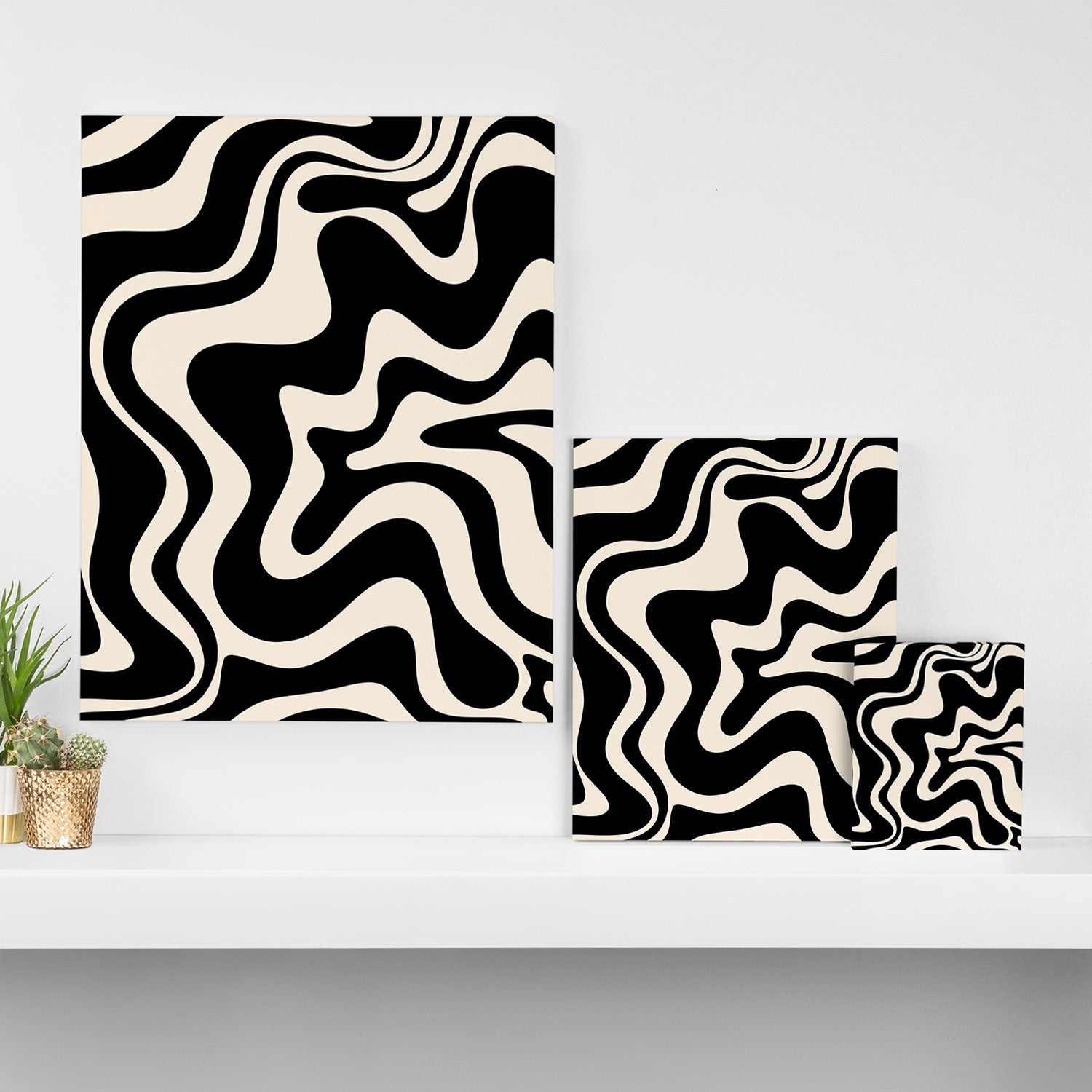 Retro Liquid Swirl Abstract in Black and Almond Cream  Canvas Print Gallery Image 3