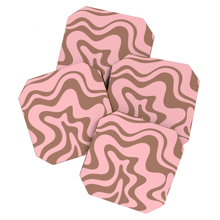 Retro Liquid Swirl Abstract Contemporary Pattern 4 in Mocha Brown and Pink Coaster Gallery Image 1