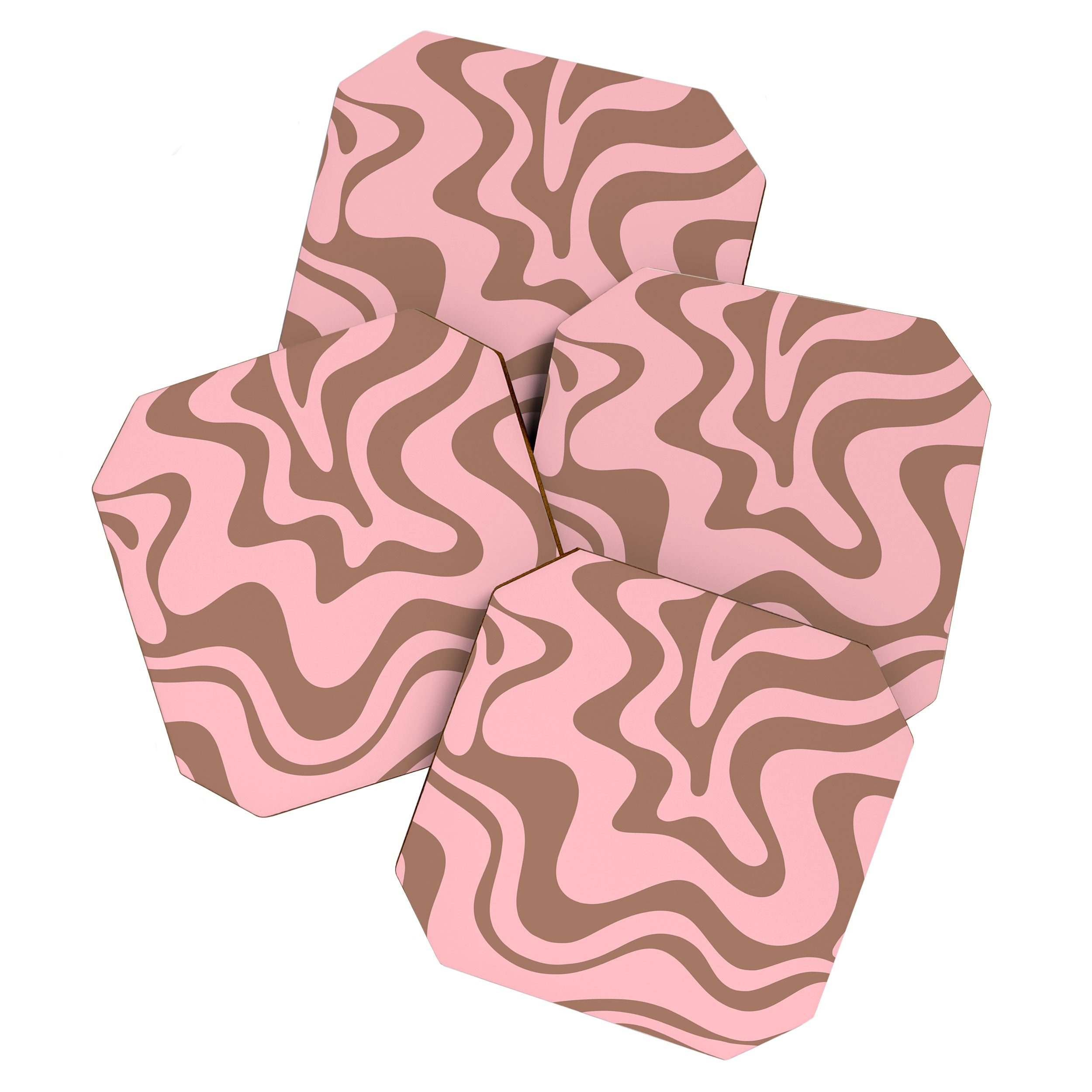 Retro Liquid Swirl Abstract Contemporary Pattern 5 in Mocha Brown and Pink Coaster Gallery Image 1