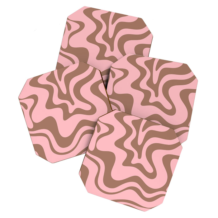 Retro Liquid Swirl Abstract Contemporary Pattern 5 in Mocha Brown and Pink Coaster Gallery Image 1