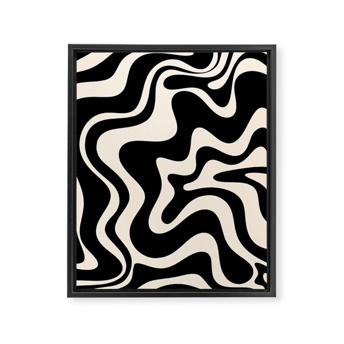 Retro Liquid Swirl Abstract in Black and Almond Cream  Framed Canvas Print Gallery Image 1