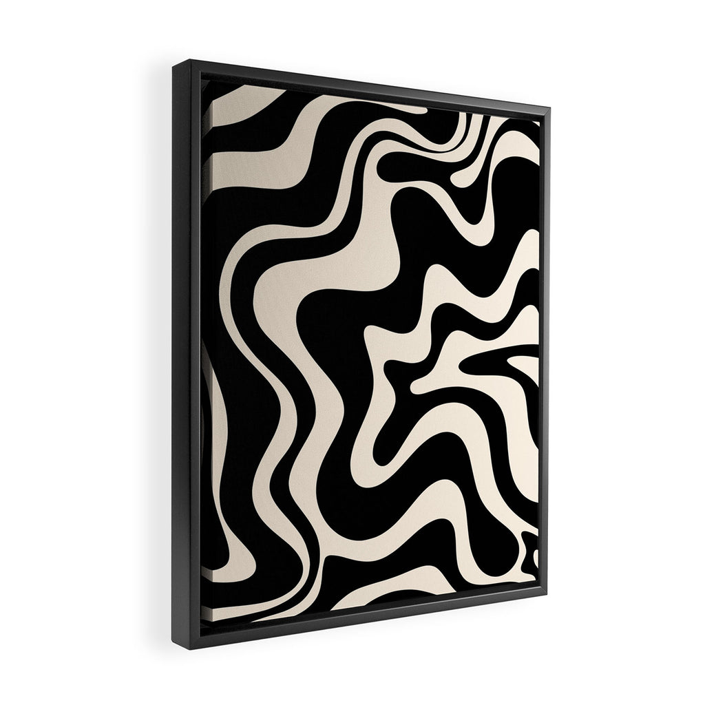 Retro Liquid Swirl Abstract in Black and Almond Cream  Framed Canvas Print Gallery Image 2