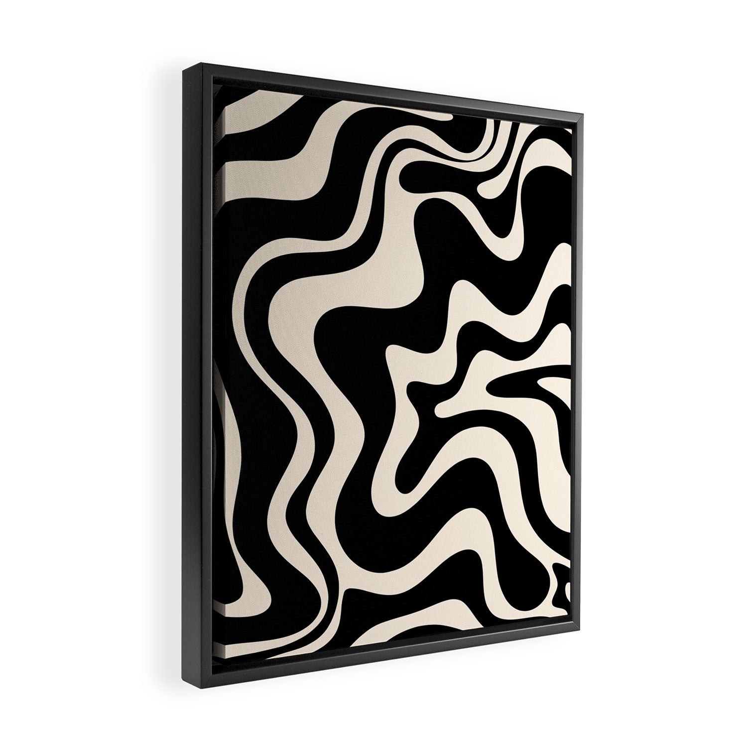 Retro Liquid Swirl Abstract in Black and Almond Cream  Framed Canvas Print Gallery Image 2