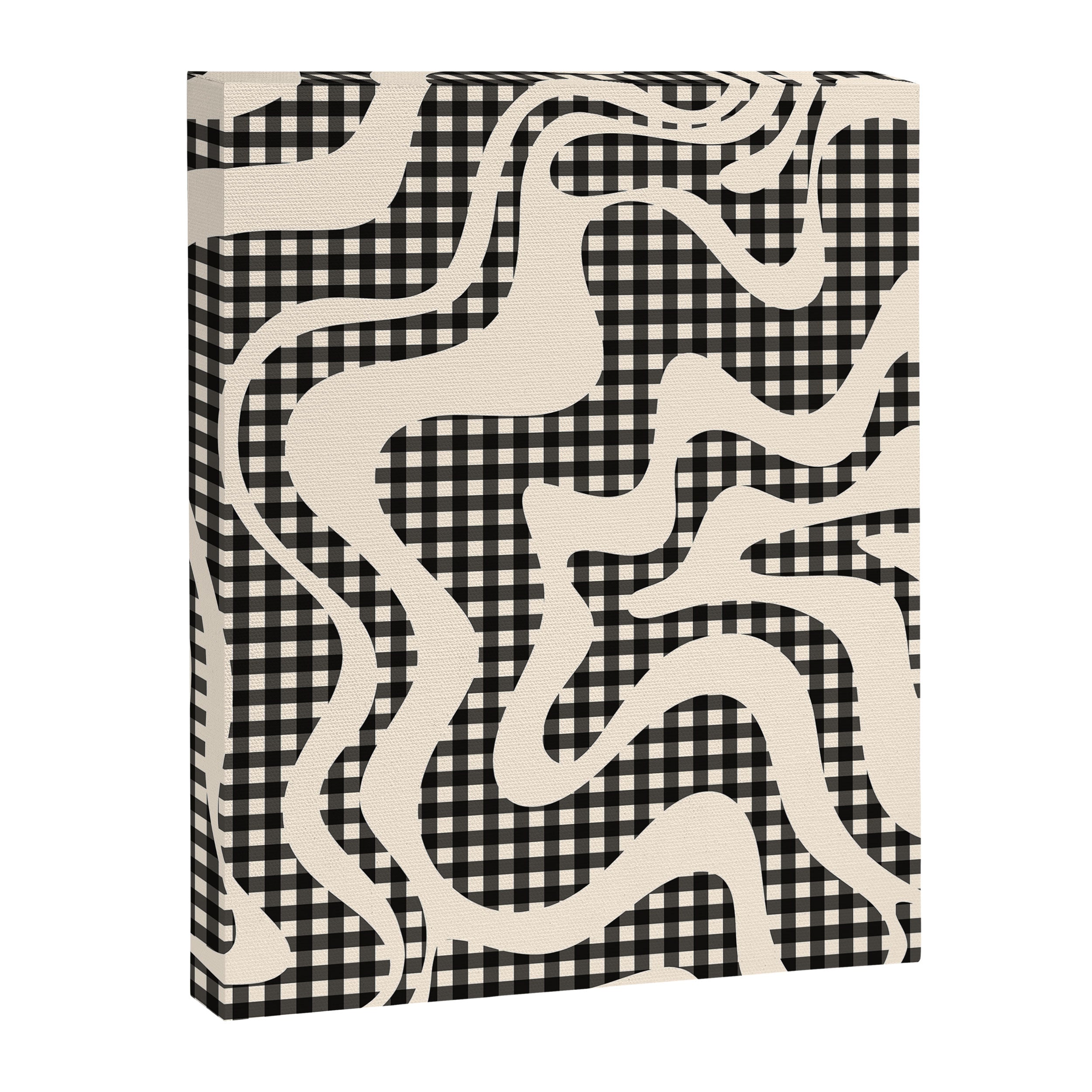 Retro Liquid Swirl Abstract Gingham Check Pattern in Black and Almond Cream Canvas Print Gallery Image 6