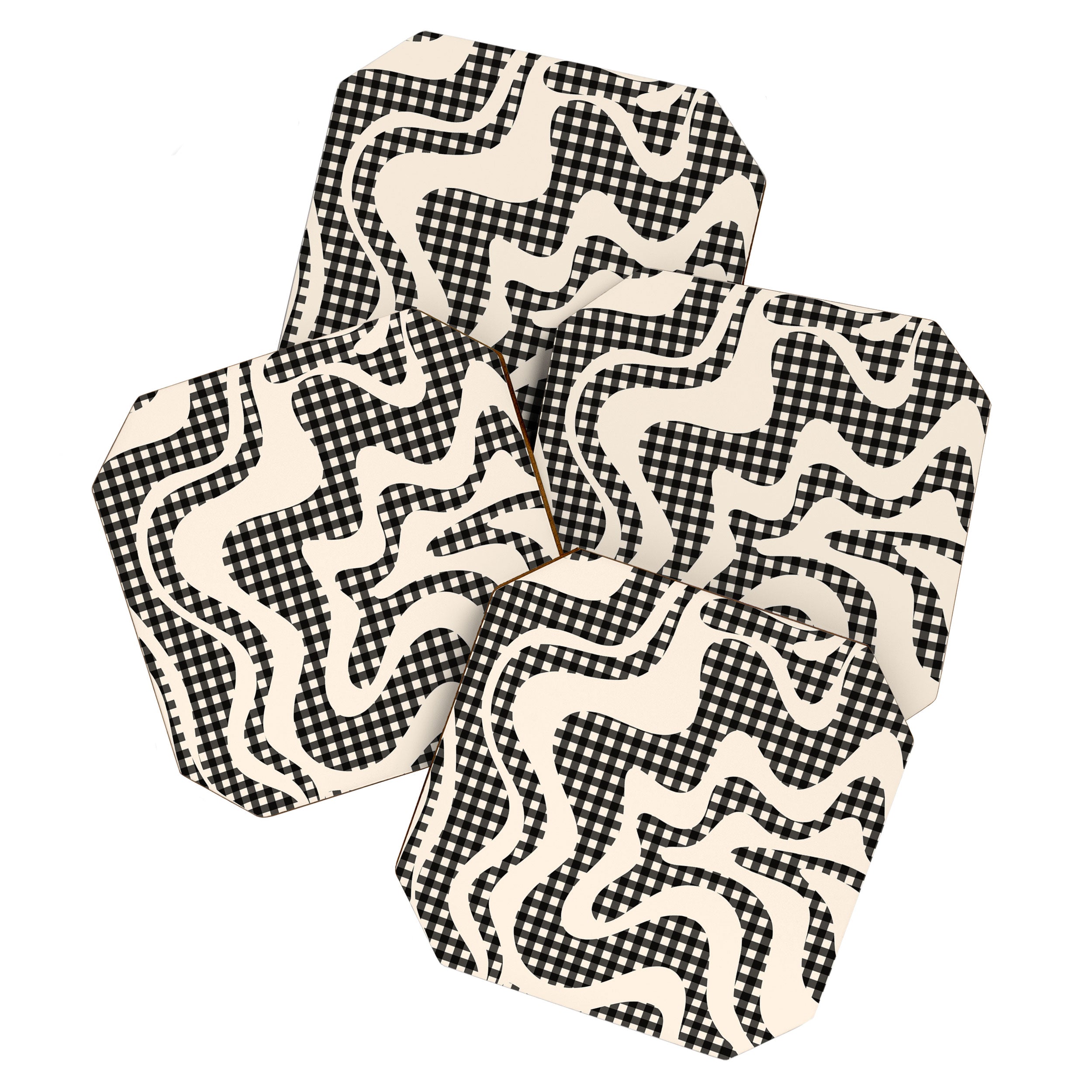 Retro Liquid Swirl Abstract Gingham Check Pattern in Black and Almond Cream Coaster Gallery Image 1
