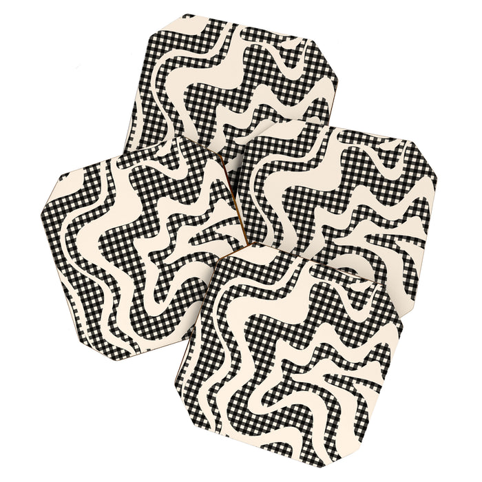 Retro Liquid Swirl Abstract Gingham Check Pattern in Black and Almond Cream Coaster Gallery Image 1