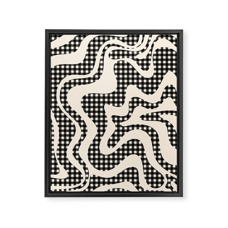 Retro Liquid Swirl Abstract Gingham Check Pattern in Black and Almond Cream Framed Canvas Print Gallery Image 6