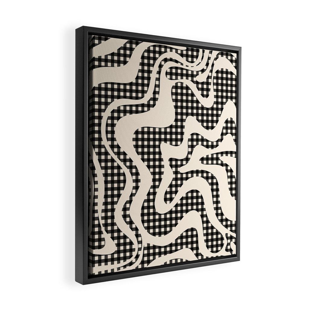 Retro Liquid Swirl Abstract Gingham Check Pattern in Black and Almond Cream Framed Canvas Print Gallery Image 2