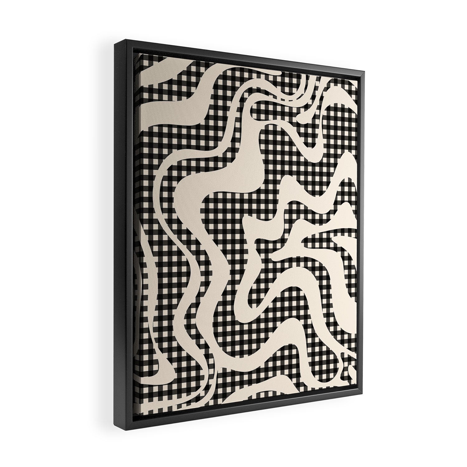 Retro Liquid Swirl Abstract Gingham Check Pattern in Black and Almond Cream Framed Canvas Print Gallery Image 2