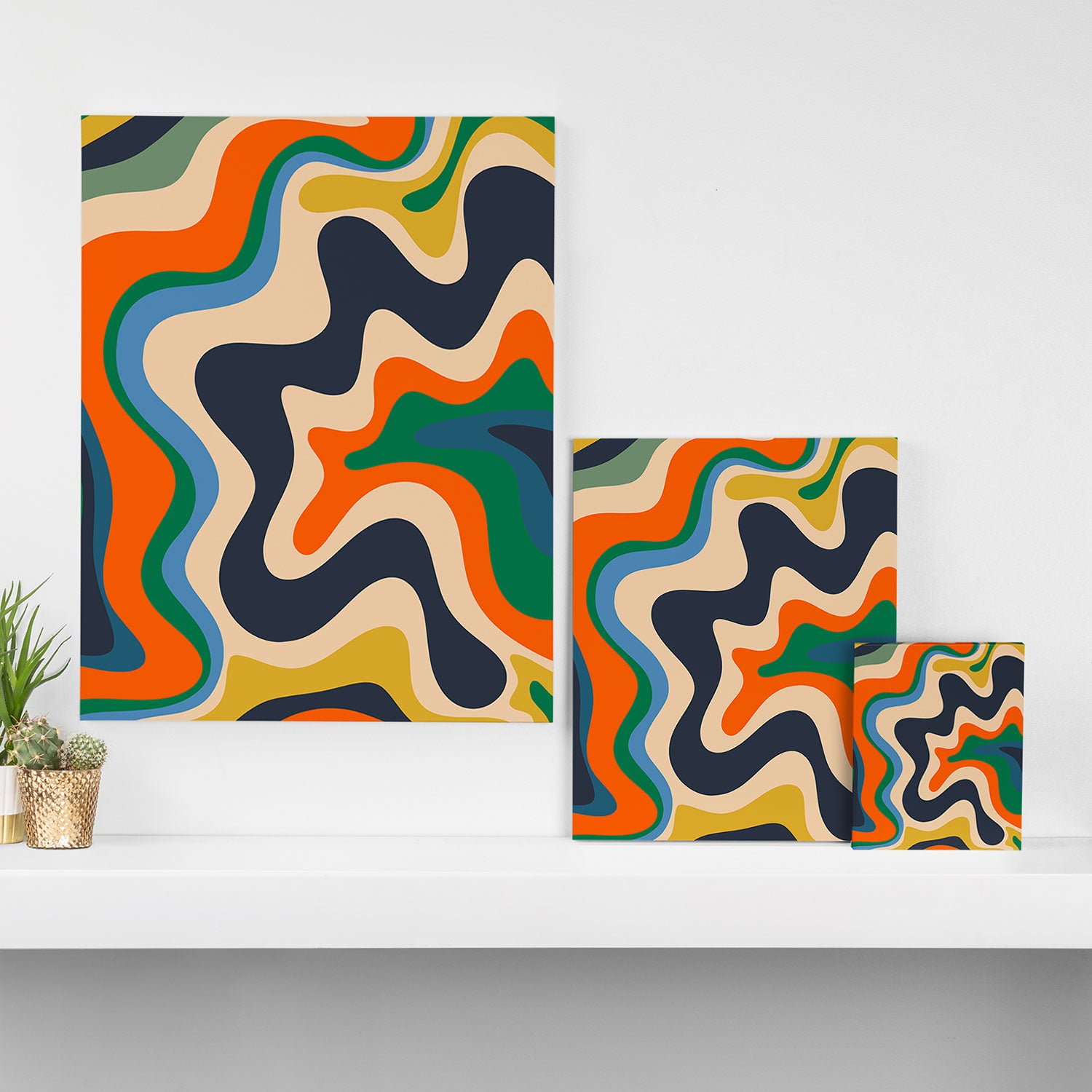 Retro Liquid Swirl Abstract Pattern Blue Beige Orange Mustard Green Canvas Print Gallery Image 3