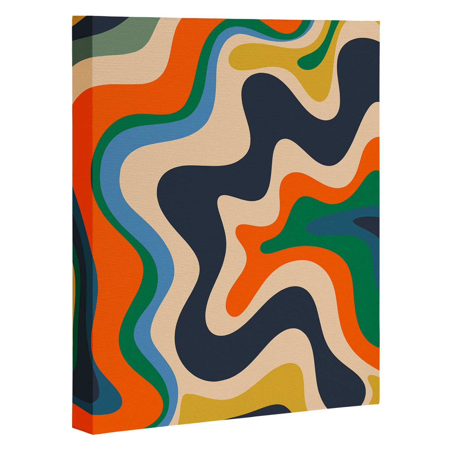 Retro Liquid Swirl Abstract Pattern Blue Beige Orange Mustard Green Canvas Print Gallery Image 3