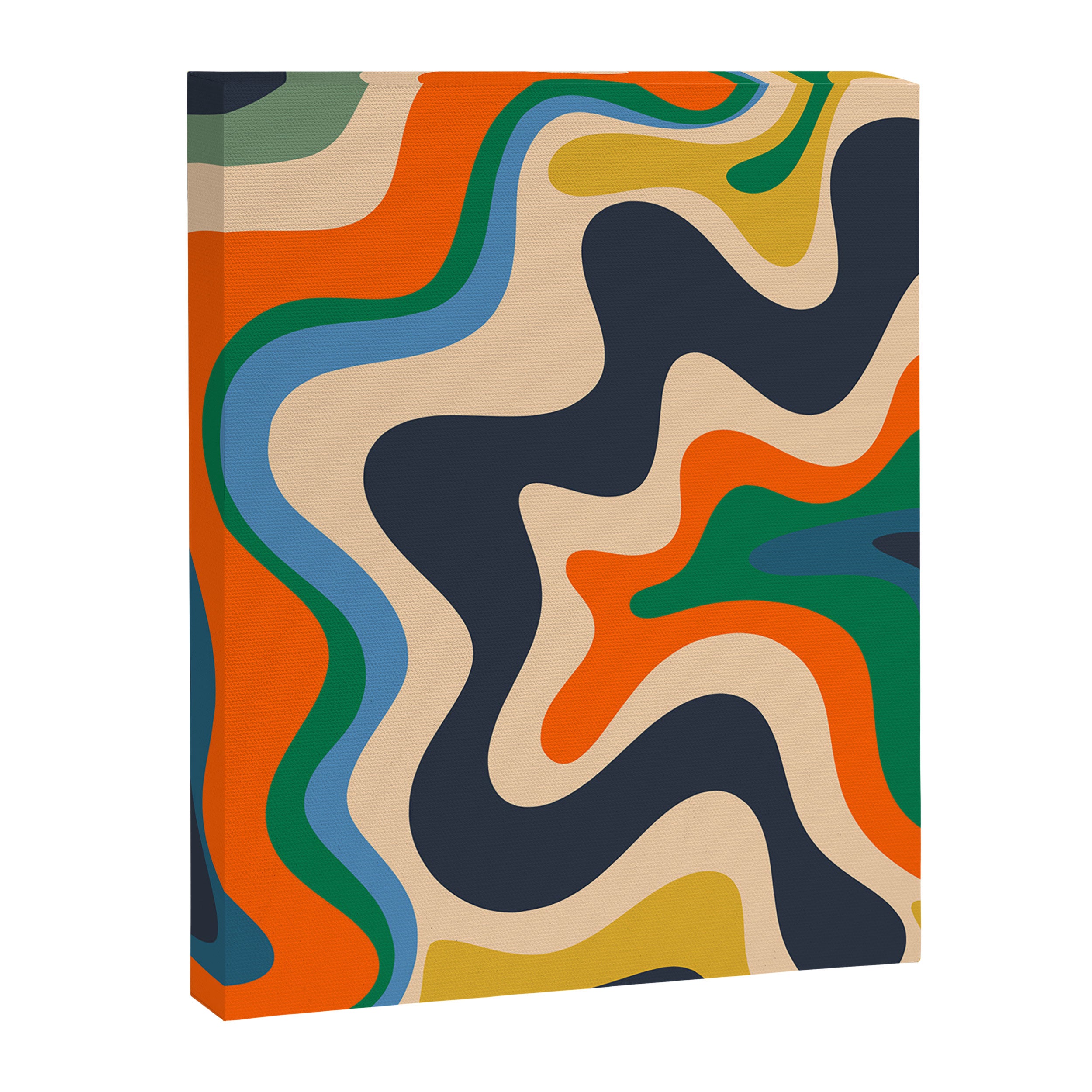 Retro Liquid Swirl Abstract Pattern Blue Beige Orange Mustard Green Canvas Print Gallery Image 6
