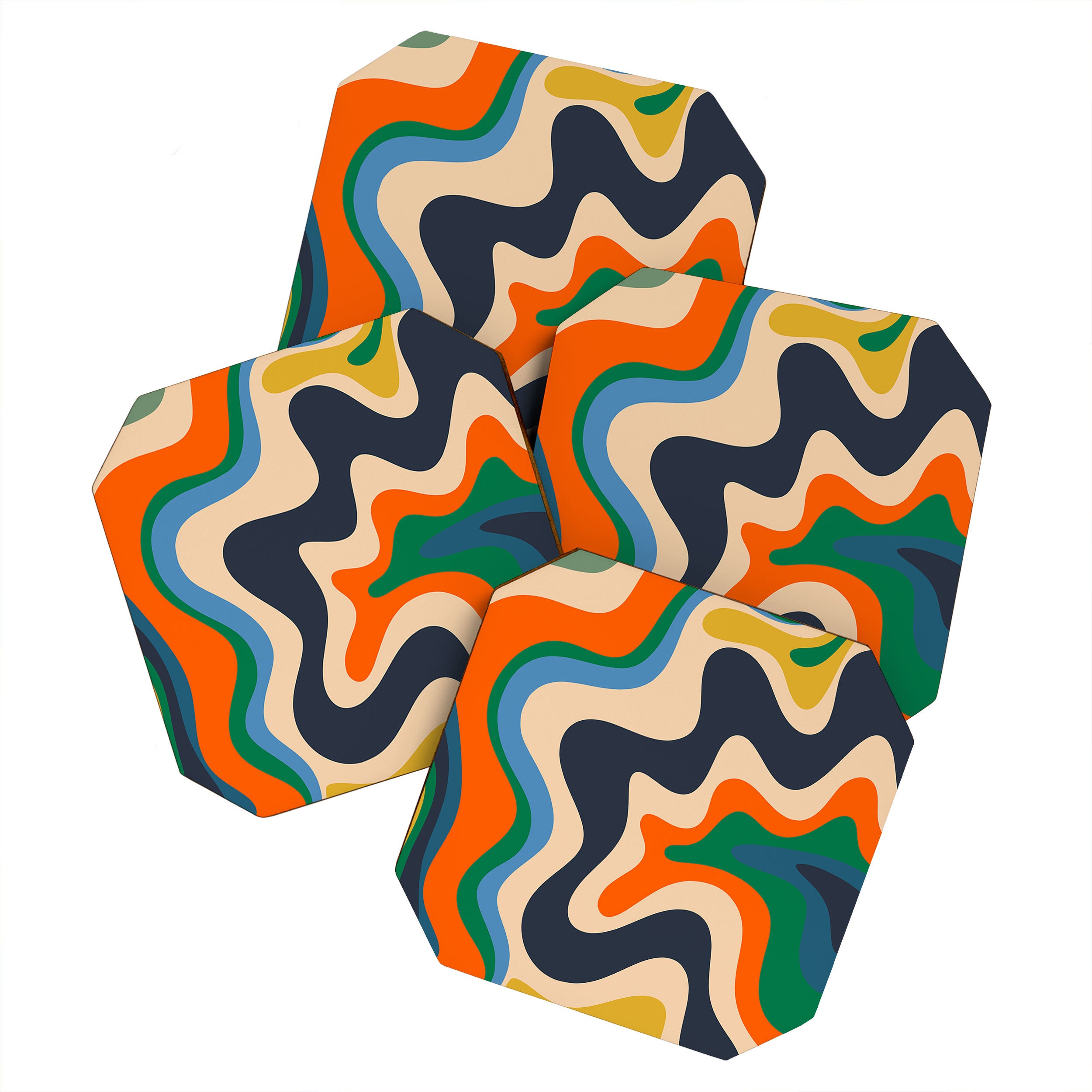 Retro Liquid Swirl Abstract Pattern Blue Beige Orange Mustard Green Coaster Gallery Image 1