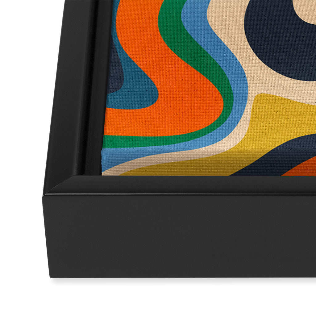 Retro Liquid Swirl Abstract Pattern Blue Beige Orange Mustard Green Framed Canvas Print Gallery Image 3