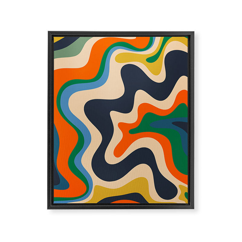 Retro Liquid Swirl Abstract Pattern Blue Beige Orange Mustard Green Framed Canvas Print Gallery Image 6