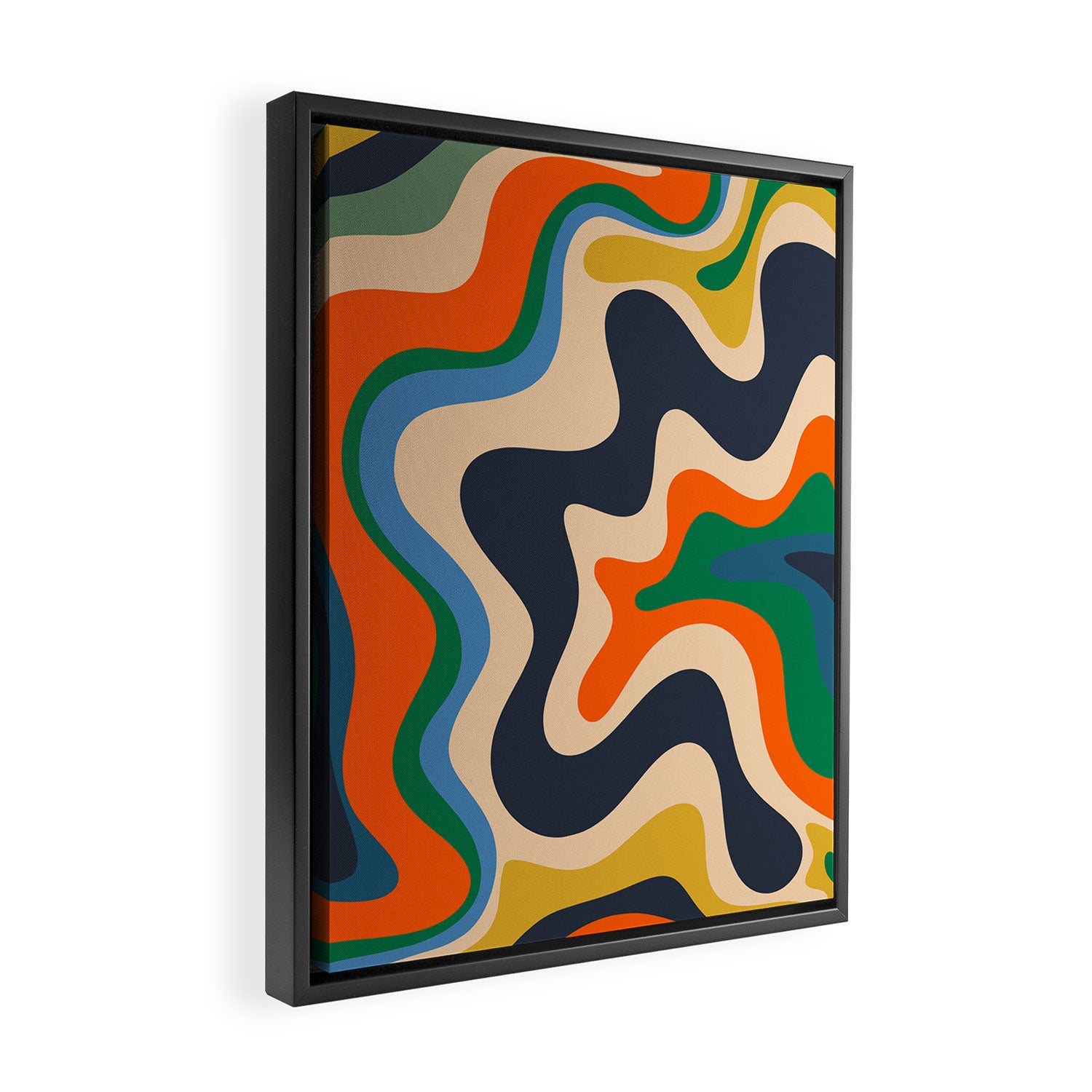 Retro Liquid Swirl Abstract Pattern Blue Beige Orange Mustard Green Framed Canvas Print Gallery Image 2