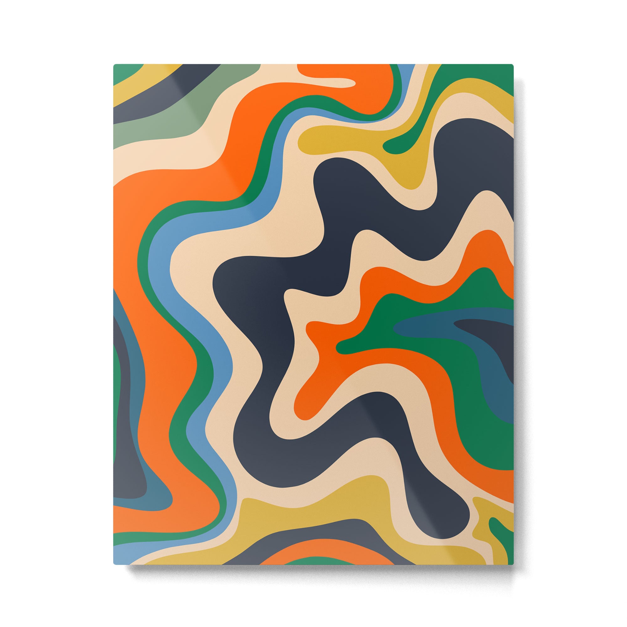 Retro Liquid Swirl Abstract Pattern Blue Beige Orange Mustard Green Metal Print Gallery Image 4