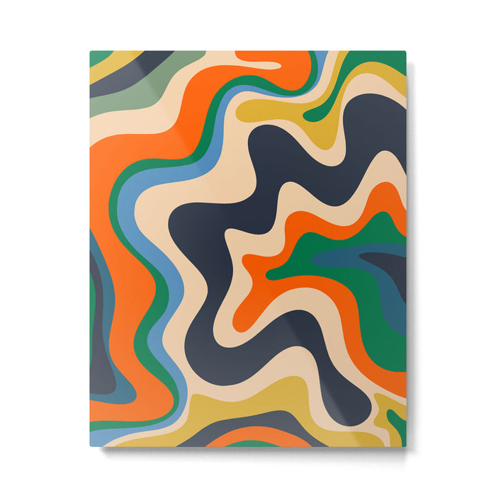 Retro Liquid Swirl Abstract Pattern Blue Beige Orange Mustard Green Metal Print Gallery Image 1