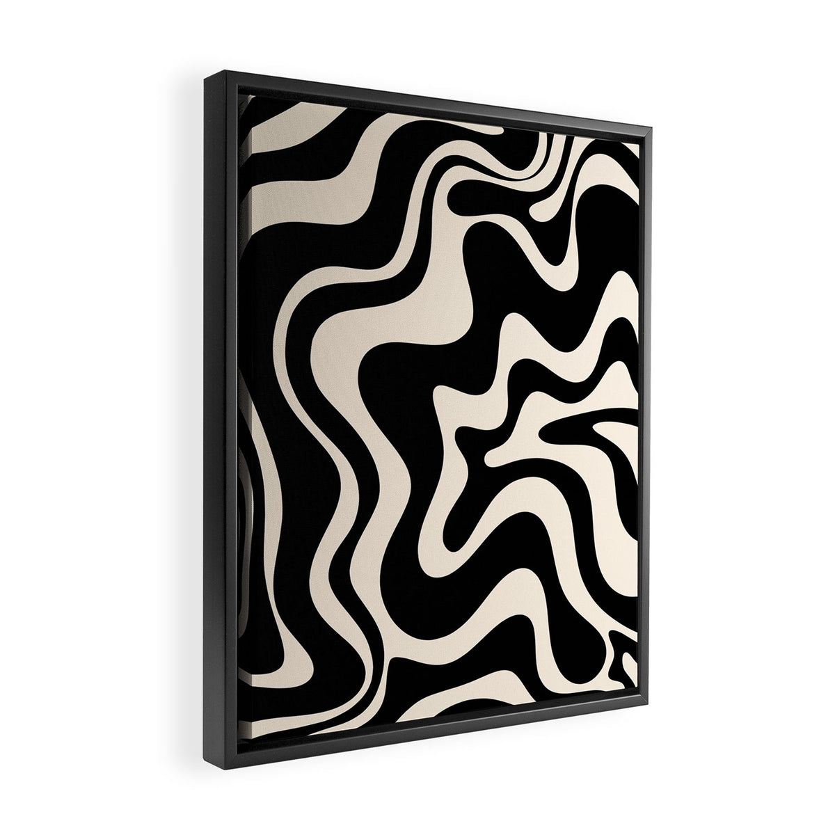Retro Liquid Swirl Abstract in Black and Almond Cream 2 Framed Canvas Print Gallery Image 2