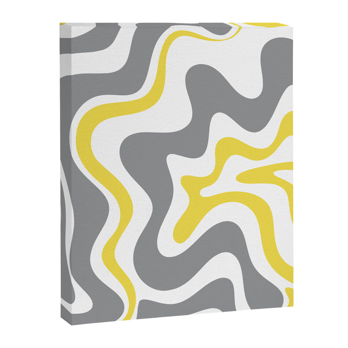 Retro Liquid Swirl Abstract in Lemon Yellow, Light Gray, and White Canvas Print Gallery Image 1