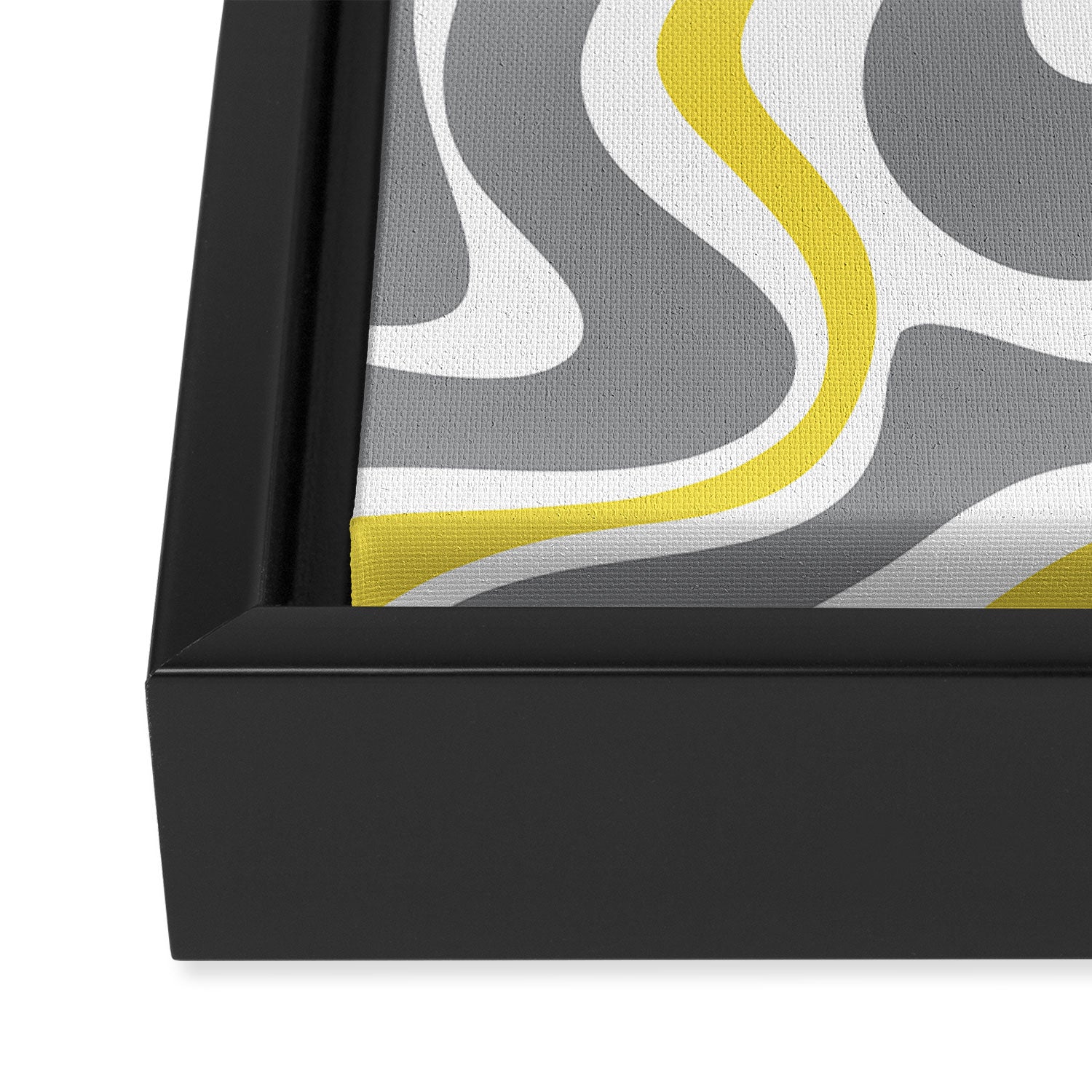 Retro Liquid Swirl Abstract in Lemon Yellow, Light Gray, and White Framed Canvas Print Gallery Image 3