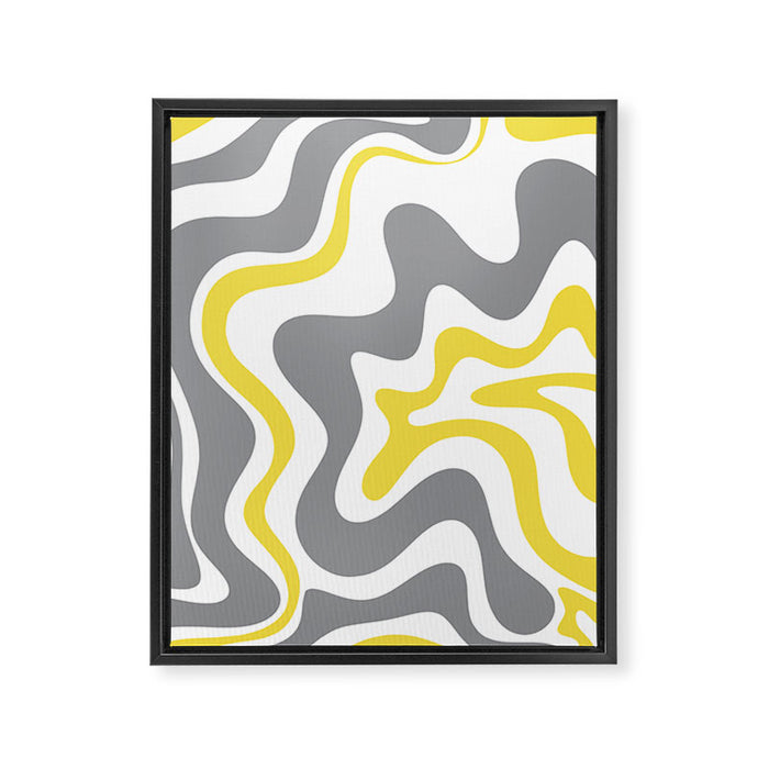 Retro Liquid Swirl Abstract in Lemon Yellow, Light Gray, and White Framed Canvas Print Gallery Image 1